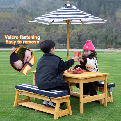 LLZJDDPLY Kids Picnic Tables, Wooden Kids Picnic Tables for Outdoors with Removable Umbrella & Cushions, Toddler Picnic Table, for Backyard Lawn Patio(Red)