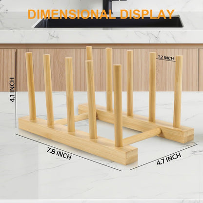 SAMEBUTECO 2-Pack Bamboo Kitchen Rack with 4 Slots and 5 Connector Pegs – Vertical Organizer for Plates, Pots, Lids, Bowls & Cutting Boards – Durable Wooden Dish Holder with Spare Pegs & Gift Box