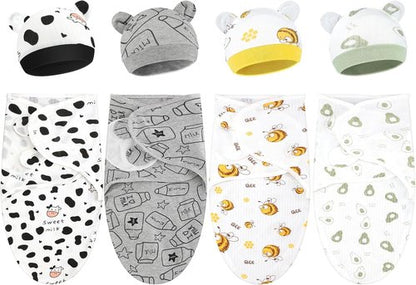 Buryeah Preemie Swaddle Blanket Wrap Set - 4 Pack with Hat for Baby Boys & Girls (3-7 lbs)