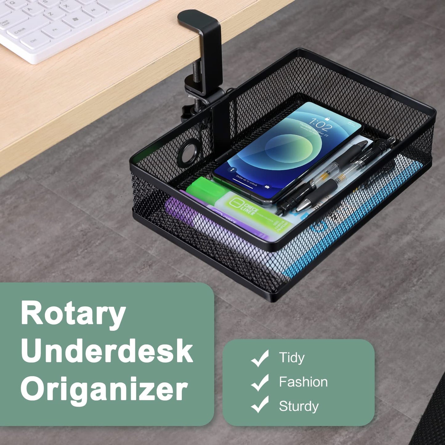 ROSLINE Under Desk Storage Organizer, Clamp on Drawer Basket, Hanging Storage, Mount Tray, Suitable for Multiple Scenes (Black)