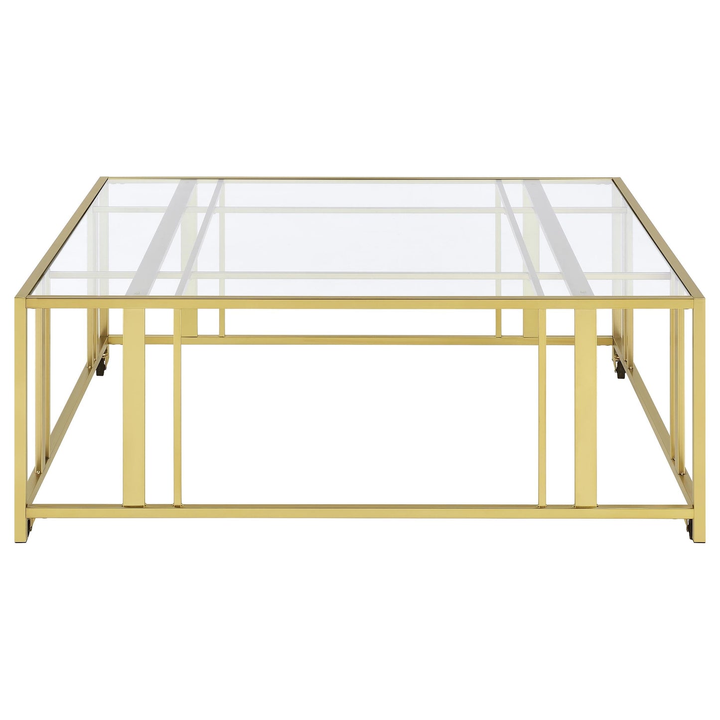 Coaster Home Furnishings - Adri - Square Glass Top Coffee Table with Geometric Base and Mobile with Rolling Casters - Contemporary - Living Room - Matte Brass - 710188