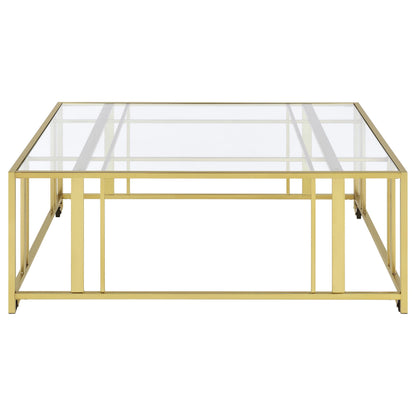 Coaster Home Furnishings - Adri - Square Glass Top Coffee Table with Geometric Base and Mobile with Rolling Casters - Contemporary - Living Room - Matte Brass - 710188