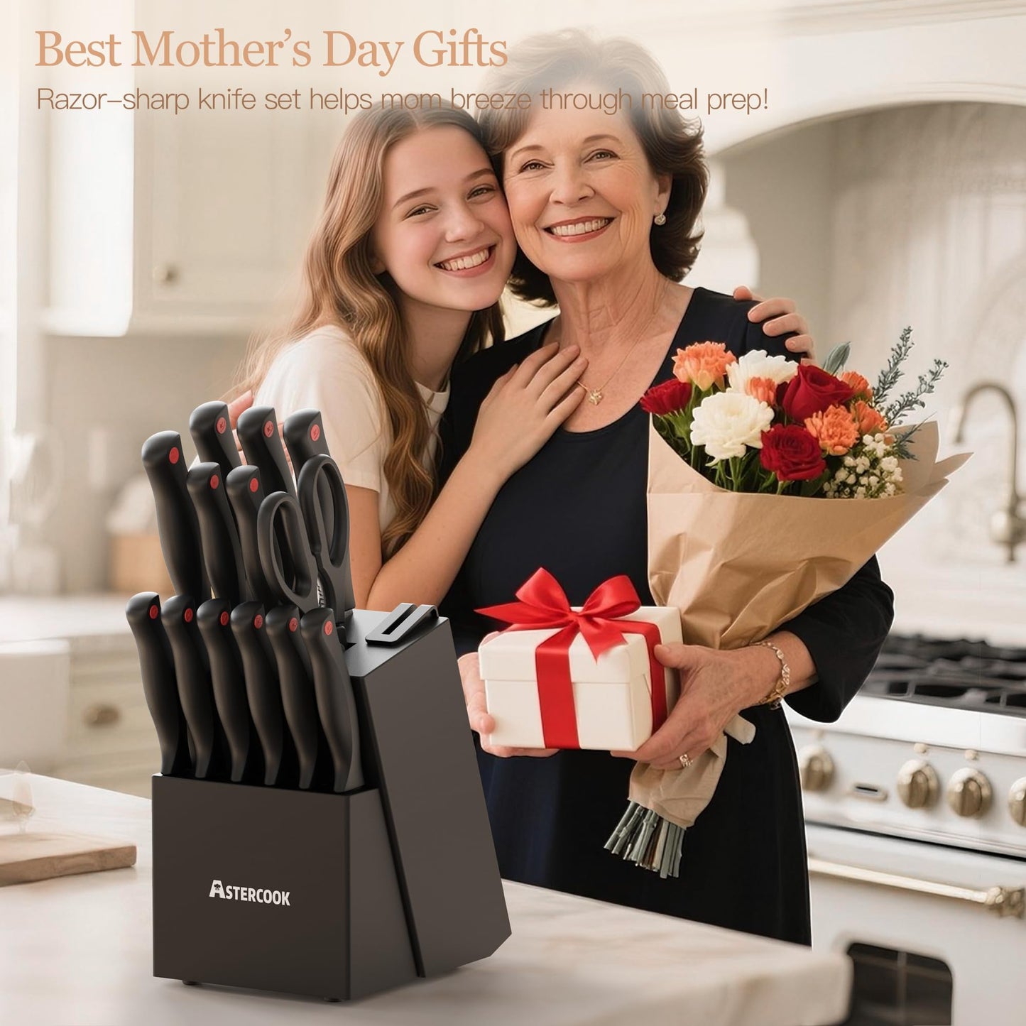 Knife Set, Astercook 15 Pieces Knife Sets for Kitchen with Block, Dishwasher Safe Kitchen Knife Set with Built in Sharpener Block, German Stainless Steel Knife Block Set, Mothers Day Gifts for Women