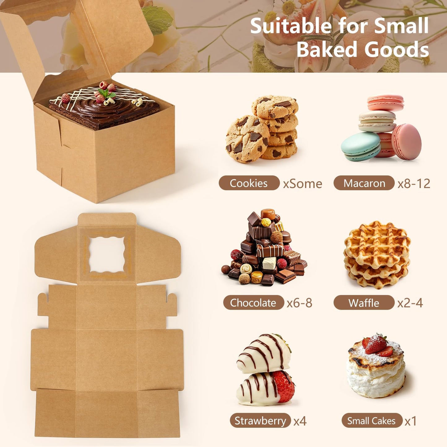 TAOUNOA 80 Pack 4x4x2.5 Inch Cookie Boxes with Window, Kraft Bakery Boxes for Cupcakes, Desserts Treats, Clear View Eco-Friendly Gift Packaging for Baked Goods Party (Brown, 20 pcs Easy to Secure)