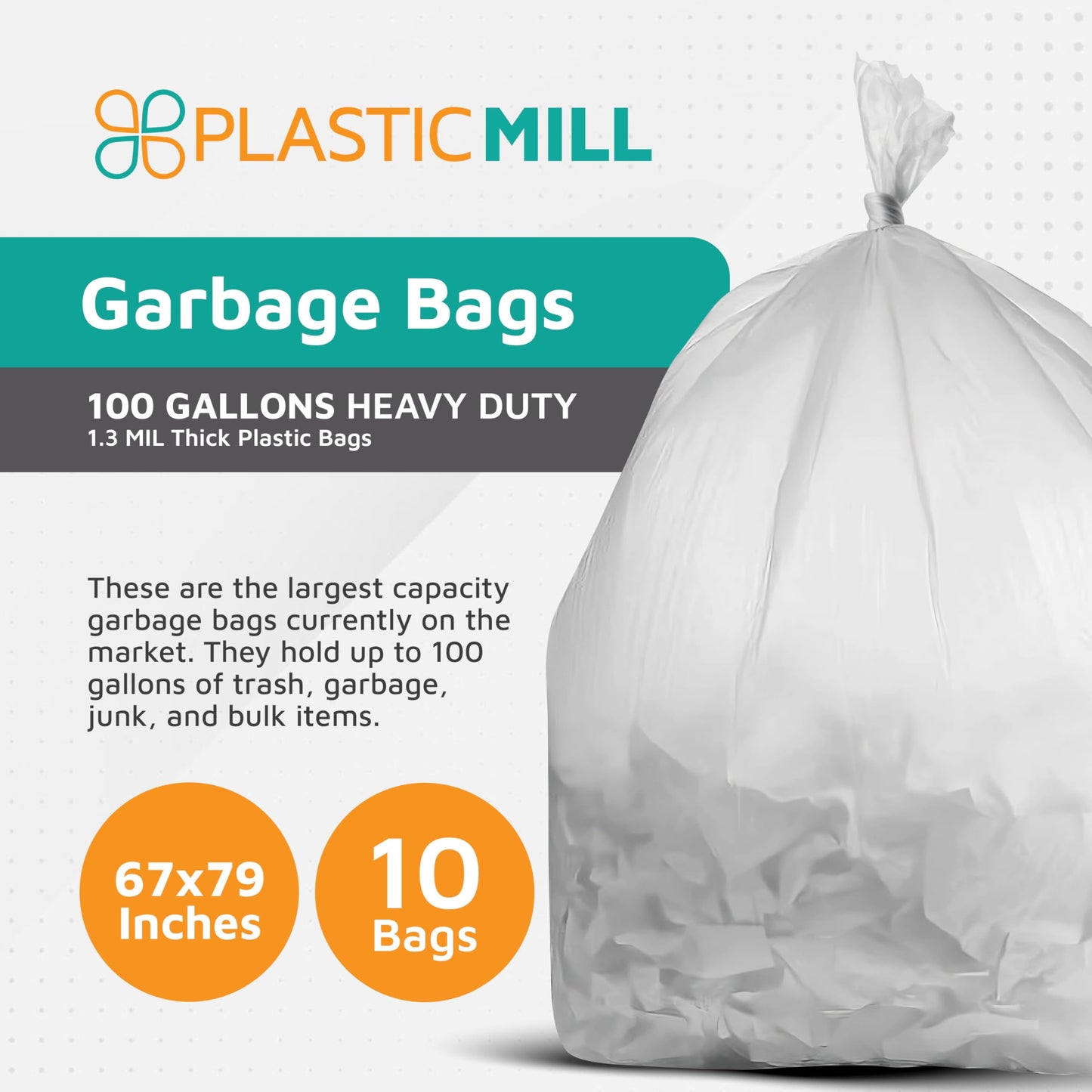 PlasticMill Heavy Duty Trash Bags - Clear Garbage Bags - Plastic Trash Bags for Large Rolling Trash Bins - Tall Trash Bags - 100-Gallon Large Kitchen Trash Bags, 1.3 Mil, 67"x79" (10-Count)