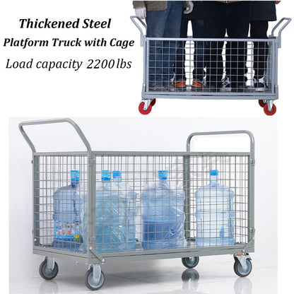 Heavy Duty Platform Truck Cart with Cage, Extra Large Foldable Push Cart, 2200LBS Capacity, for Warehouses Storage