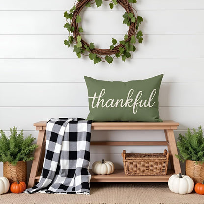 12x20 Inch Thankful Pillow Cover Olive Green Lumbar Decorative Cushion Case Rustic Farmhouse Fall Decor Thanksgiving