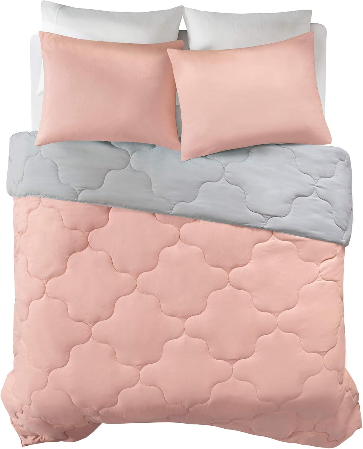 Comfort Spaces Vixie Reversible Comforter Set, Twin/Twin XL 2 Piece, Coral/Gray, Trendy Geometric Quilted Cover