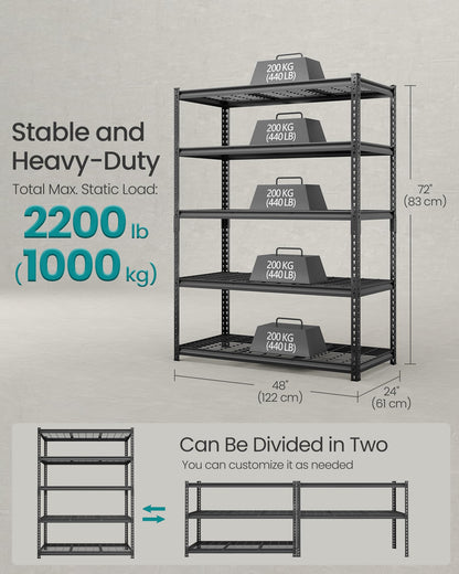 SONGMICS 5-Tier Storage Shelves, Heavy-Duty Garage Shelving, Adjustable Shelving Unit, Steel Shelf, Boltless Assembly, for Garage, 2,200 lb Load, 24 x 144 x 72 Inches, Ink Black UGLR454B03