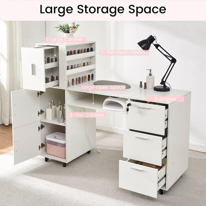 Pekdi Nail Desk for Nail Tech, Professional Manicure Table Nail Station with Power Outlets,Storage Drawers & Cabinet for Beauty Salon, Spa & Home Workstation