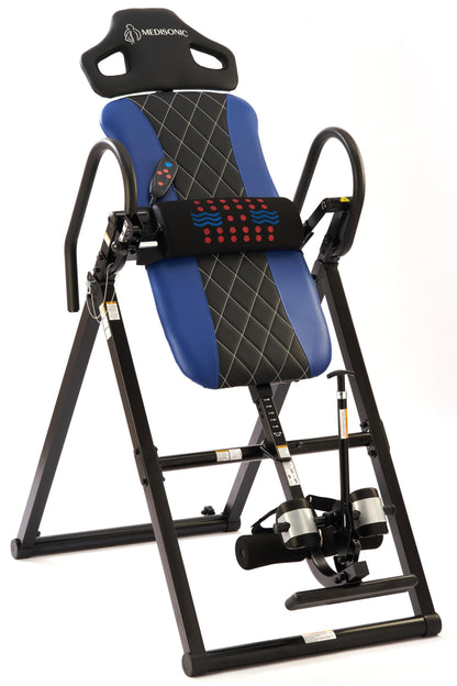 MediSonic Pro Inversion Table with Adjustable Heat & Vibrating Massage Lumbar Pad, Diamond-Stitched Comfort Backrest, Multiple Inversion Angles, 300 lb Capacity, Home Use, Blue