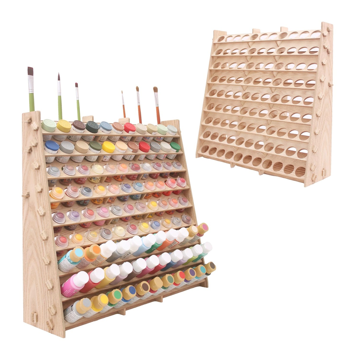 ARFETIGO Extra Large Wooden 9-Tiers 99 Bottles' Capacity Wooden Paint Organizer & Paint Brush Rack for Acrylic OIL Craft Hobby Mini Model Painting Organizer for Artists (Vertical)