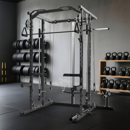 Garvee Power Cage, Smith Machine Squat Rack, Heavy Duty Power Rack for Home Gym with Pulley System, Dip Bar, LAT Pulldown, Multifunctional Squat Rack for Home Gym