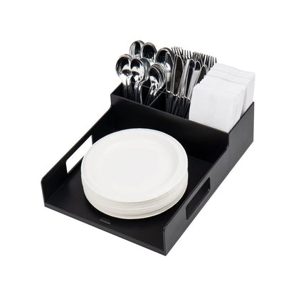 Mind Reader Utensil Napkin and Plate Organizer Tray, Countertop Caddy with 7 Compartments, Holds Plates up to 10.5 Inches, Breakroom and Buffet Organizer, Plastic, Black
