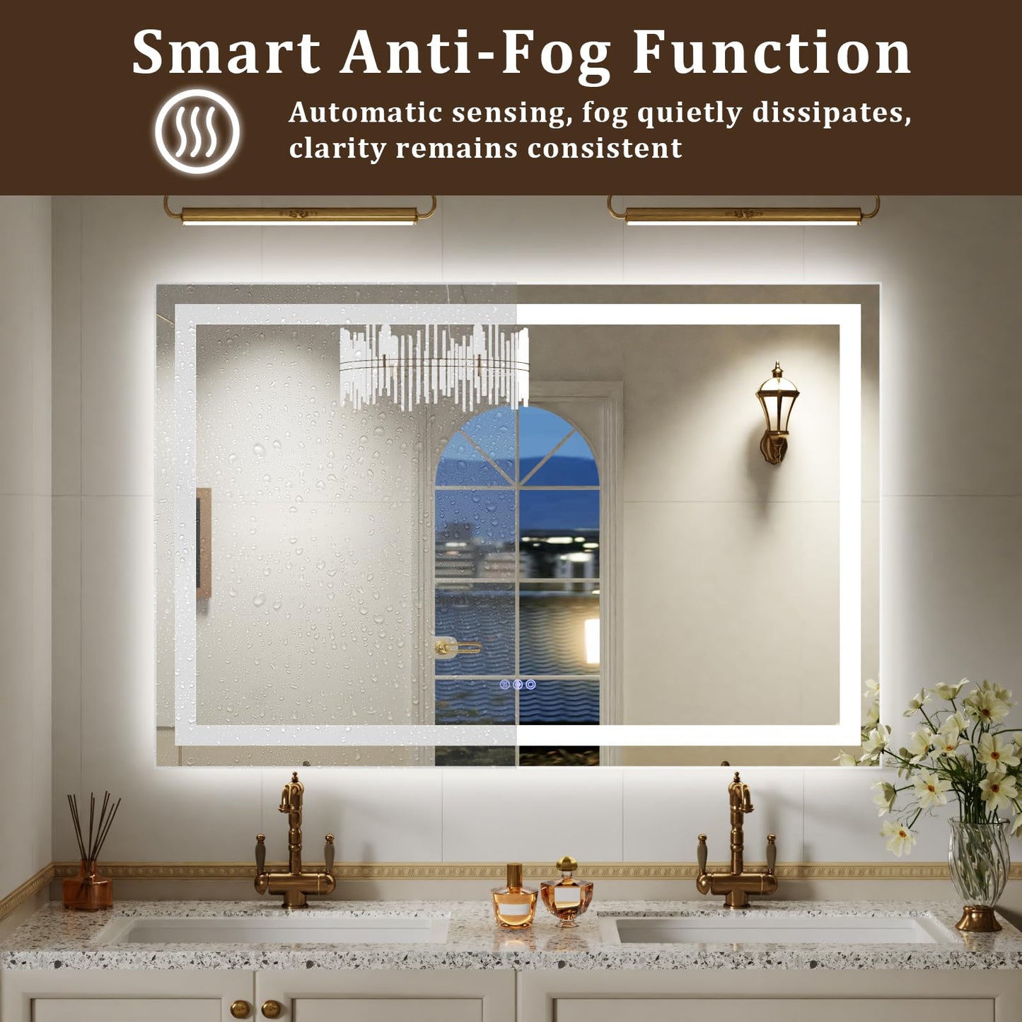 VETROVUE 60"x40" Large Smart LED Bathroom Mirror - Dimmable Brightness, Backlit & Frontlit Lighting, 3 Color Modes, Anti-Fog, Memory Function, Wall Mounted Lighted Vanity Makeup Mirror