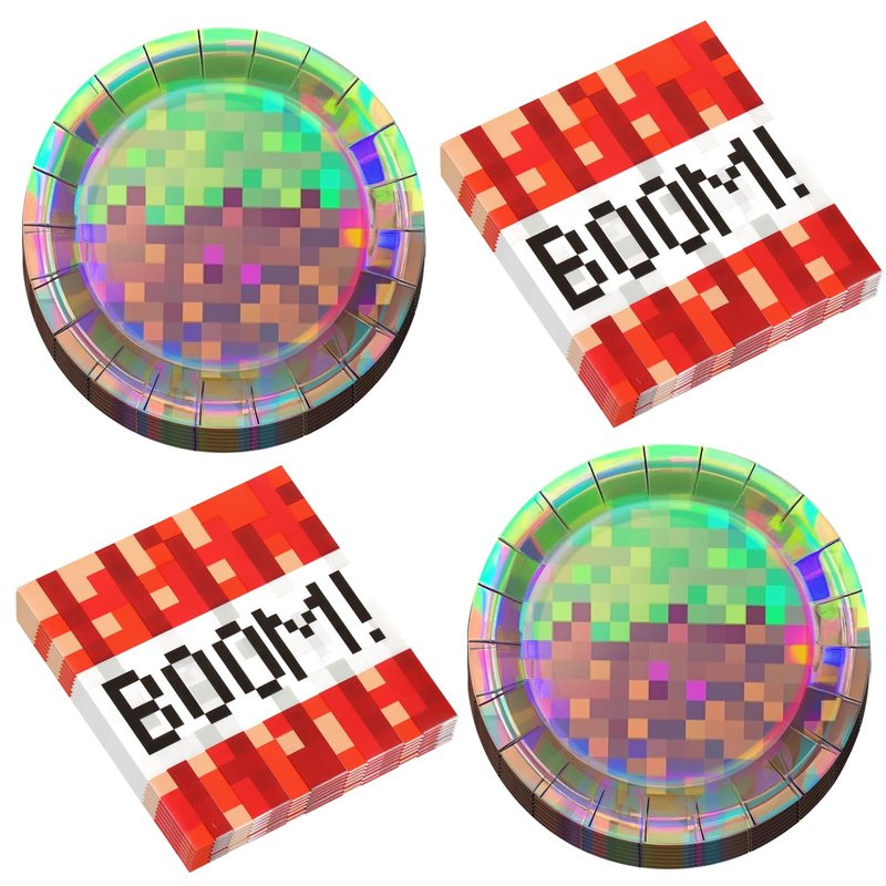 50Pcs Iridescent Pixel Party Plates and Napkins Set Video Game Disposable Tableware Set Pixel Dessert Plates Gaming Party Supplies Birthday Decorations for Kids Baby Shower Teen Gamer Serve 25