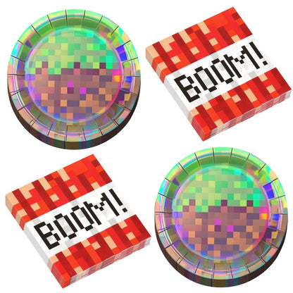50Pcs Iridescent Pixel Party Plates and Napkins Set Video Game Disposable Tableware Set Pixel Dessert Plates Gaming Party Supplies Birthday Decorations for Kids Baby Shower Teen Gamer Serve 25