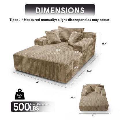 Sytopia Chaise Lounge with Armrests, Oversized Sofa Bed with 3 Pillows, Cozy Couch, Sleeper Reading Chair for Living Room Bedroom, Floor Sofa Corduroy, Furniture Sala, Cashmere Beige