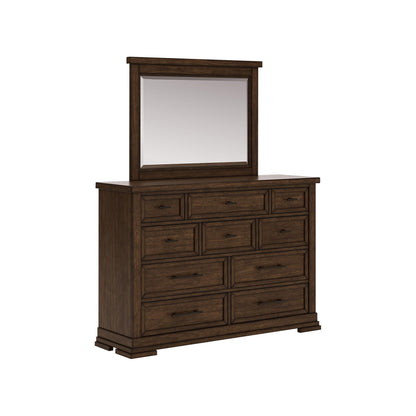 Signature Design by Ashley Taffenbrook Dresser with Mirror, 10-Drawer Storage Rich Brown Finish, Hardwood Solids, Mango Veneer, MDF Substrate, Bedroom Organization Style