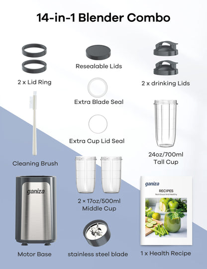 Ganiza Blender for Smoothies, 14Pcs Personal Blender for Shake and Smoothies for Kitchen with 3 Portable Cups (1x24oz & 2X17oz), Single Serve Smoothie Maker, Nutritious Recipe