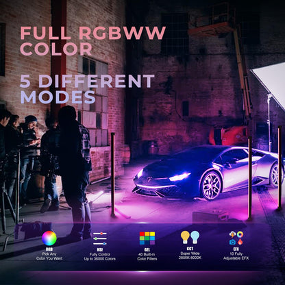 Mettlelite TLX4C RGB Tube Light, Full Color RGBWW LED Video Light Stick with APP DMX Control, 4ft 2800K-8000K, Customizable Light Effects, Rechargeable, CRI97+ TLCI98+ for Studio Photography Video