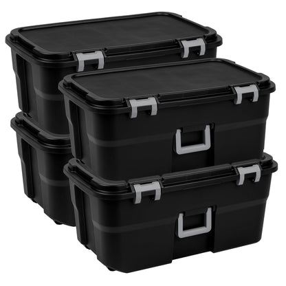 Sterilite 4 Pack Wheeled Footlocker, 22 Gallon Plastic Storage Container with Latching Lid and Handles, Black - Large Stackable Bin Home Organizer