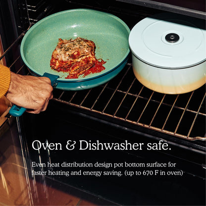 Ombré Ceramic Titanium Non-Toxic, Nonstick Cookware Set 8-Piece Modular System with Removable Handle and Magnetic Lid, Magnetic Spatula, Eco-Friendly, Oven & Dishwasher Safe (Green)