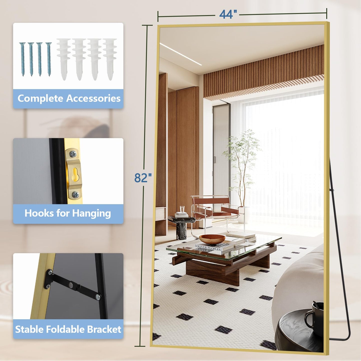 82"X44" Full Length Mirror with Stand, Oversized Floor Mirror Full Length, Tempered Glass Extra Large Free Standing Mirror for Gym Bedroom Living Room Clothing Store, Aluminum Alloy Frame, Gold