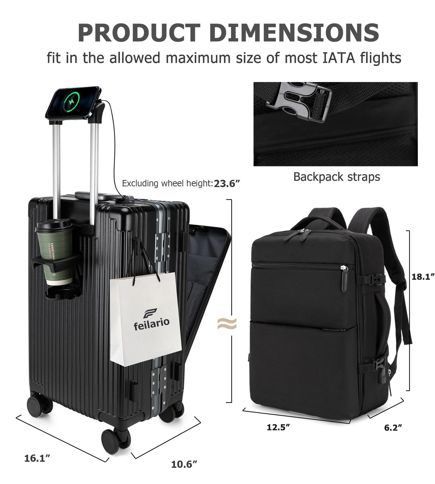 feilario 2 Piece Set Aluminium Frame PC Hard Shell Spinner Wheels Luggage,22.5"X15"X9.5" Airline Approved Built-In TSA lock Carry on Suitcase, with Cup Holder, USB Port, Phone Holder