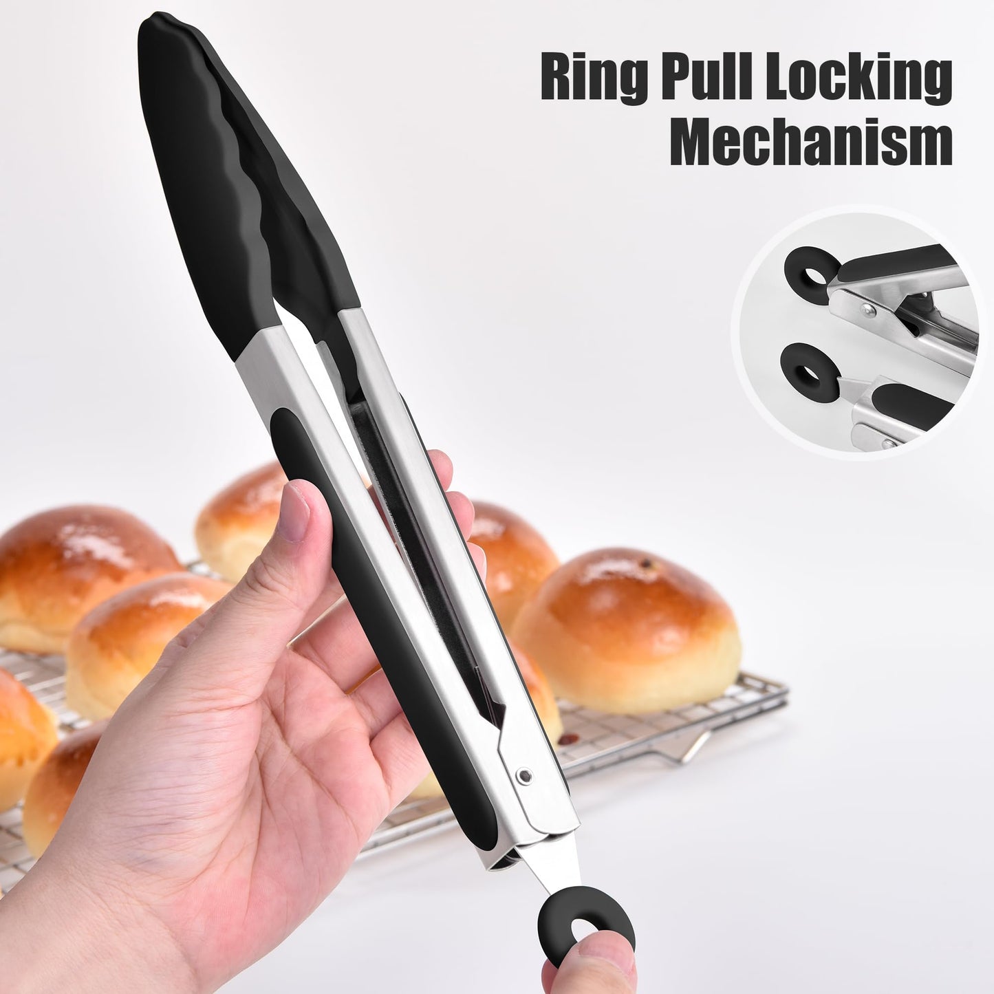 Doosu Kitchen Tongs for Cooking - 600°F Heat Resistant Food Tong Set with Non-Scratch Silicone Tips, Heavy Duty Stainless Steel Locking Tong for BBQ, Grilling Steak, Serving Salad (7+9+12in, Black)