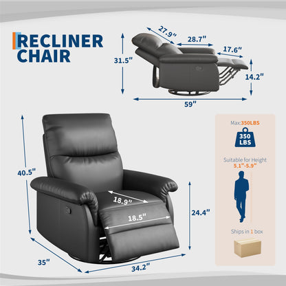 Manual Recliner Chair for Adults, PU Leather Swivel Rocker Recliner with Padded Armrests, Modern Upholstered Reclining Chair for Living Room or Nursery (Black)