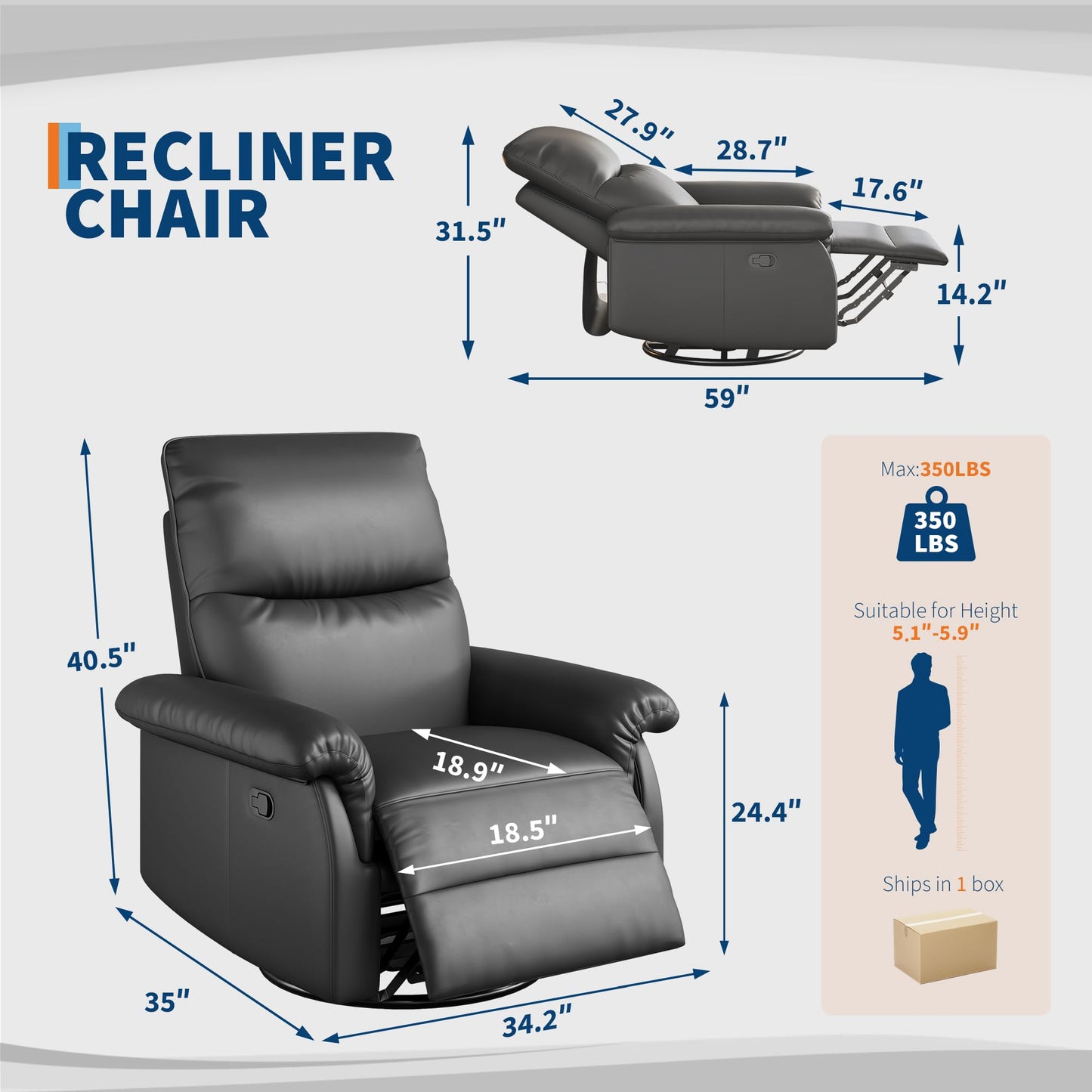 GarveeHome Recliner Chair, 360° Swivel Rocker Glider Nursery Chair with Padded Armrest and Deep Seat, PU Leather Upholstered Reclining Sofa Chair for Living Room, Bedroom and Nursery (Black)