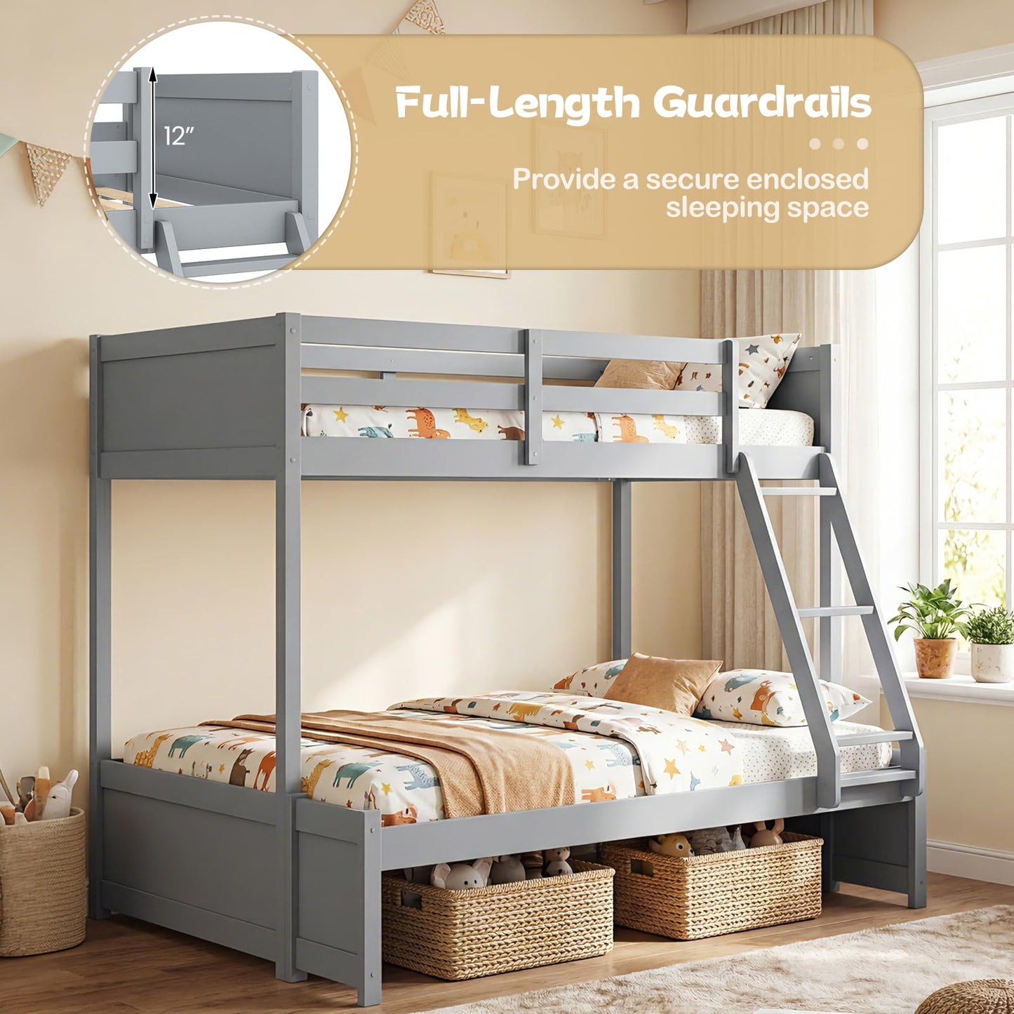 Giantex Twin Over Fulll Bunk Bed, Wood Bunk Bed with Full-Length Guardrails, Ladder, Under-Bed Storage Space for Dormitory, Bedroom, Apartment, Two Bed Frame with Slats for Teens, Kids, Adults, Grey