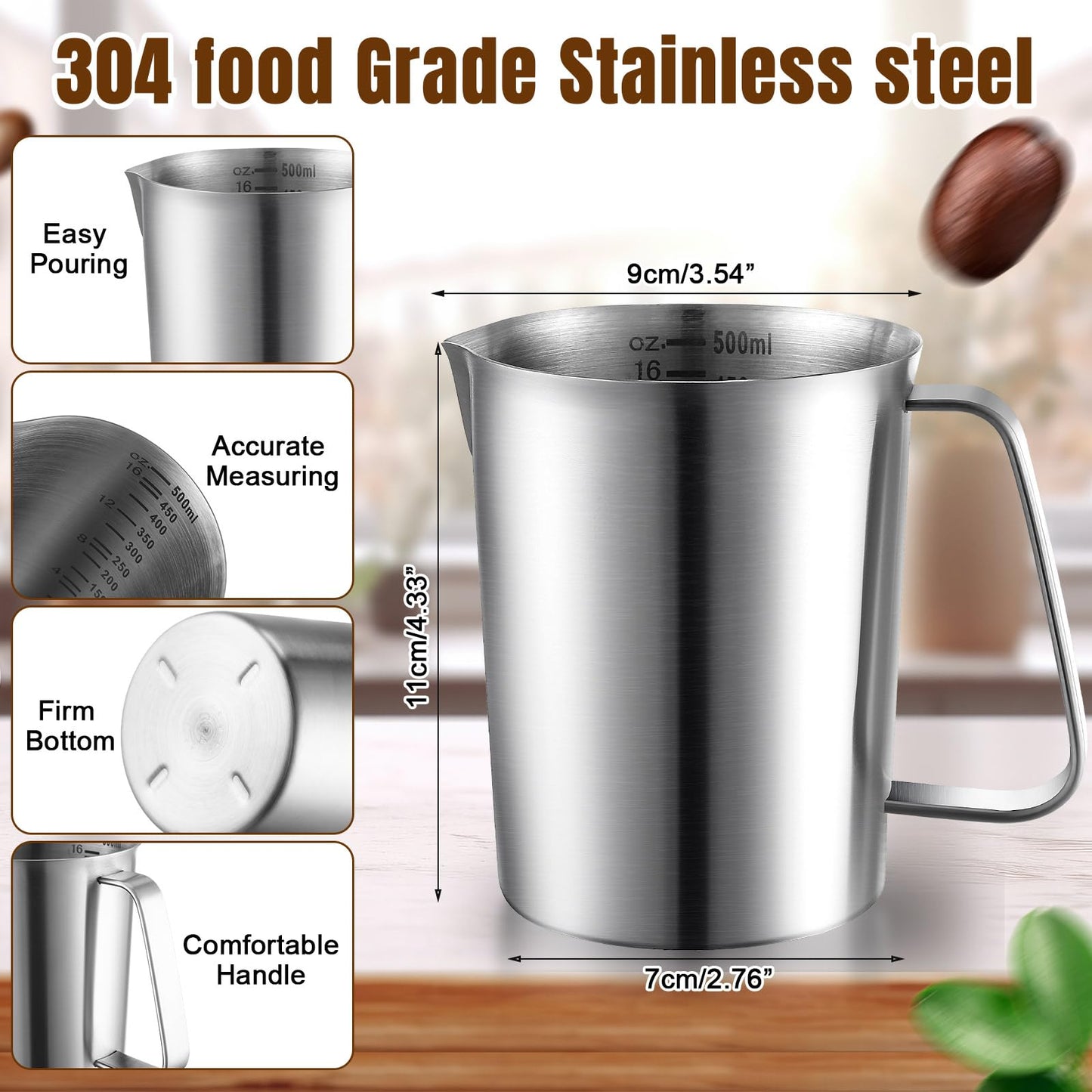 Copkim 4 Pcs Stainless Steel Pitcher with Handle and Pour Lip 16OZ, 500ML, 2 Cup Metal Liquid Measuring Cup Measuring Jug Milk Frothing Pitcher for Milk Latte Art Water Pouring