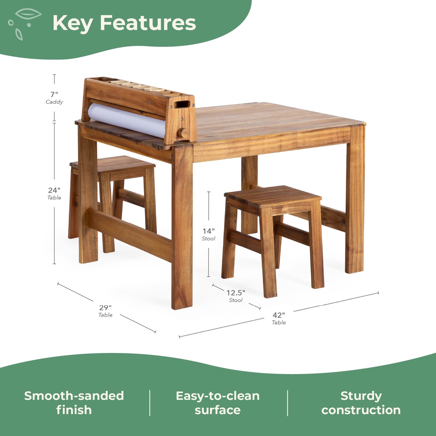 Guidecraft Acadia Outdoor Art Table and Stool Set: Kids Acacia Wood Arts and Crafts Table w/ 2 Chairs, Mobile Storage Paper Roll, and Paint Cups for Drawing, Painting and Toddler Picnic Activities