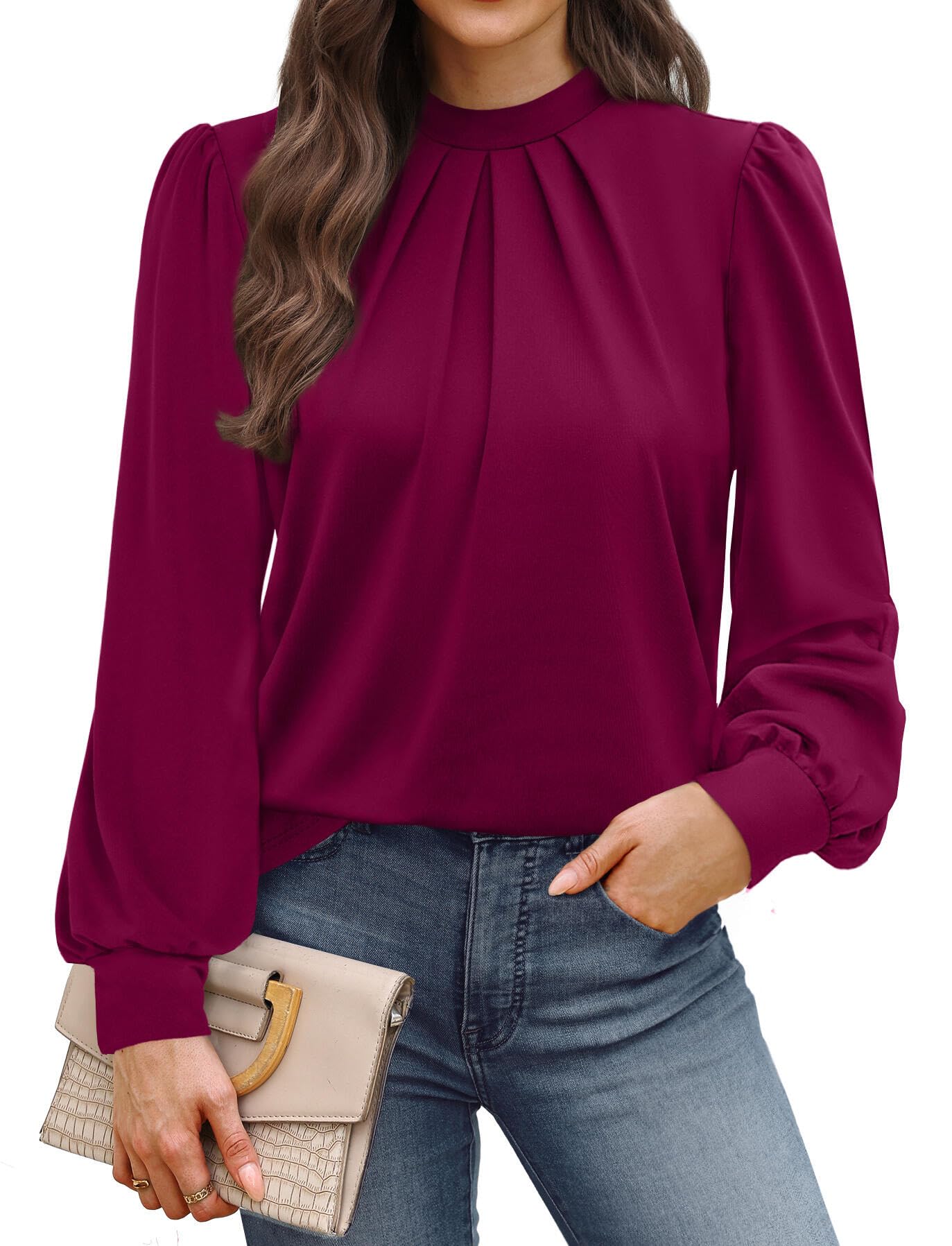 WIHOLL Long Sleeve Shirts for Women Mock Neck Tops Pleated Front Blouses Dressy Casual Fall Clothes 2025 Fashion