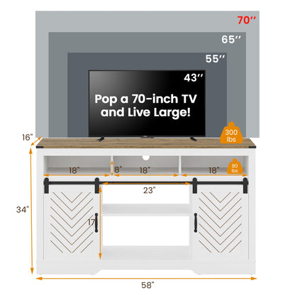 May in color Farmhouse Fireplace TV Stand for 65+ TV, 34" Tall Rustic TV Console with Sliding Bar Door, Entertainment Center with 23" Electric Fireplace with Remote for Living Room, White and Wood Ton