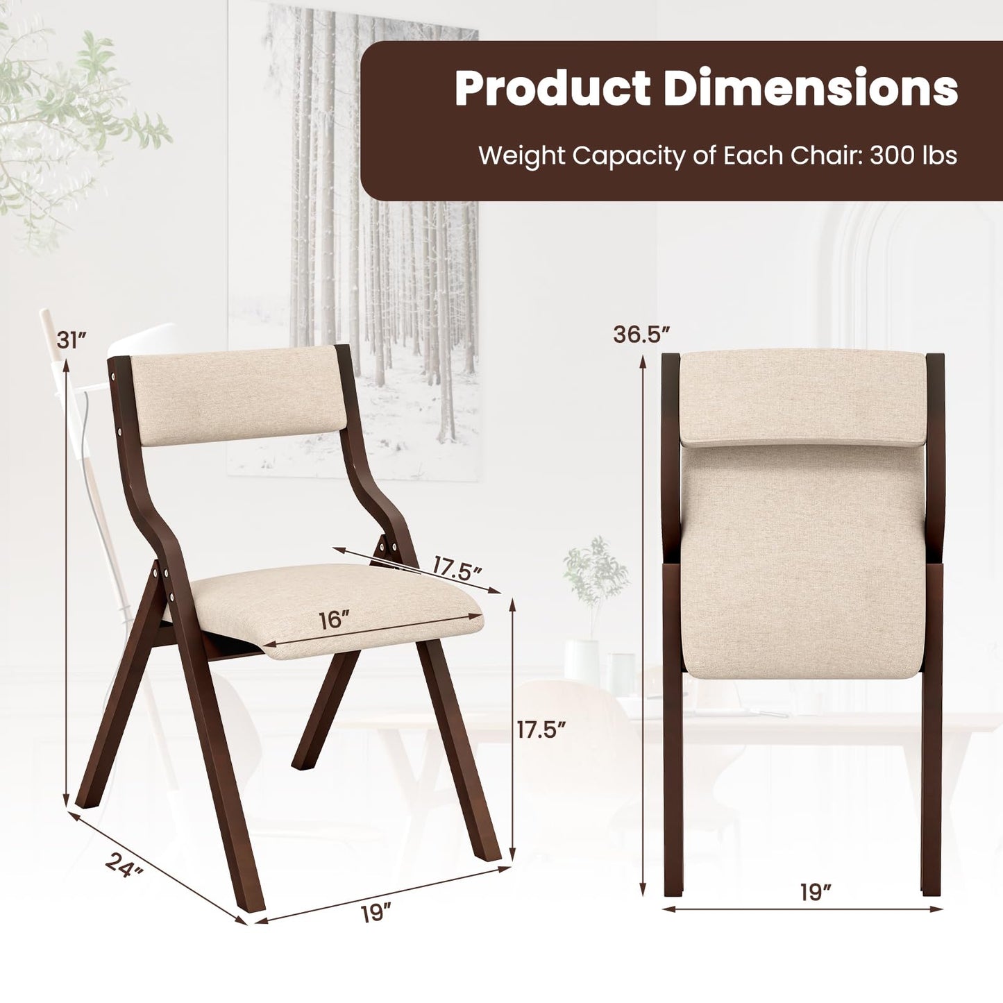 Giantex Folding Dining Chairs Set of 4, No Assembly Folding Chairs w/Linen Padded Seats, Wood Foldable Kitchen Chairs, Easy to Store Extra Event Chairs, Padded Folding Chair for Wedding Guests Party