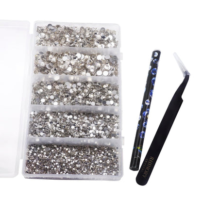 Rhinory Crystal Flatback Rhinestones Bedazzling Kit - Crystal Clear Gems SS6 SS10 SS16 SS20 Sizes (Over 6,000 Pieces) with Tweezers, Wax Picker Pen for Tumblers, Phone Cases, Shoes, Crafts