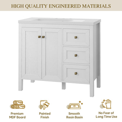 DWVO 36 Inch Bathroom Vanity with Sink, Modern Bathroom Storage Cabinet with Resin Basin, Three Holes, 2 Doors & 3 Drawers