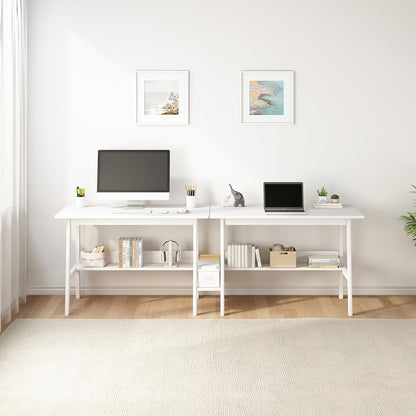 NELYE 2-Person Writing Desk with Bookshelf - 79" Wooden Extra Long Home Office Work Table, Double Study Computer Workstation with Storage Shelves in White, 79" W x 24" D