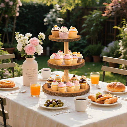 Gusnilo Rustic 3-Tier Wooden Cupcake Stand & Cake Tower – Natural Paulownia Wood Tiered Display for Weddings, Parties, Baby Showers, Holidays (Farmhouse Décor, Handcrafted Bark Design)