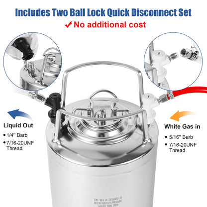 MRbrew New 2.6 Gallon Ball Lock Keg, Stainless Steel Beer Keg with Two Ball Lock Keg Fittings & Gasket Set, Double Ball Lock Post Corny Keg For Draft, Homebrew, Craft Beer, Cold Brew Keg for Party
