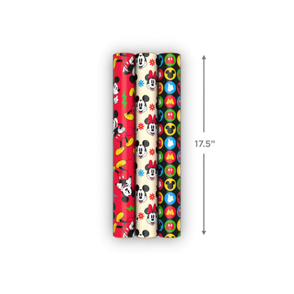 Hallmark Disney Mickey Mouse Wrapping Paper Mini Rolls, 3-Pack (Mickey, Minnie, Mouse Ears, Red and Black) for Birthdays, Graduations, Celebrations, Any Occasion - 45 Sq. Ft. Total