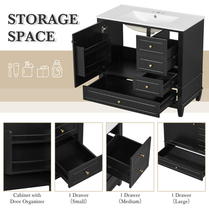 Bathroom Vanity with Ceramic Sink 36 Inch, Cabinet with One Door and Three Drawers, Soft-Closing Door, Solid Wood Legs, Black