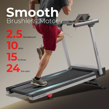 Sunny Health & Fitness Foldable 15 Level Auto Incline Treadmill, 20" Wide Running Belt, Quiet Brushless, Digital Display, 300 LB Weight Capacity, SunnyFit App Bluetooth Connection