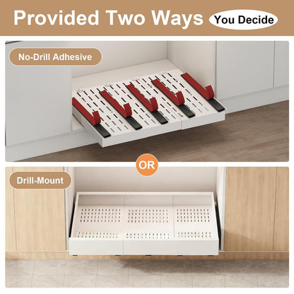 Pull out Cabinet Organizer,Width (23"-31") and Depth (17"-24") Expandable With 5 Rails,No Drill Adjustable Slide out Drawers for Kitchen,Pantry,Adhesive Roll out Shelves,for Cabinets Without Lip,White