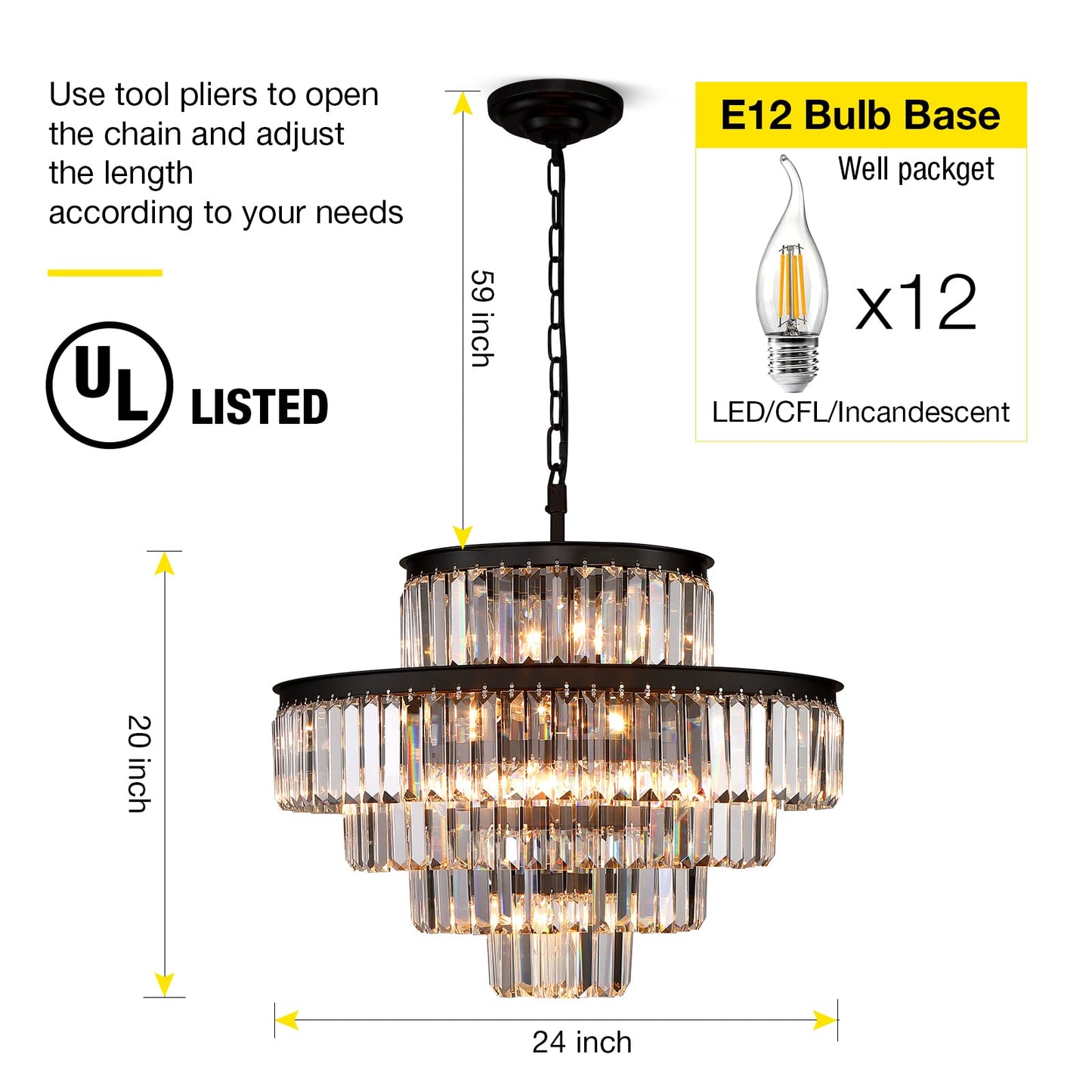 Lt-vt Black Modern Style Crystal Chandeliers & LightsRound Hanging Classic, Pendant Ceiling Chandelier Lighting Fixture 5-Tier for Dining Room Living Room(24 inch,Black)