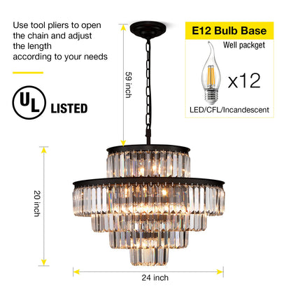 Lt-vt Black Modern Style Crystal Chandeliers & LightsRound Hanging Classic, Pendant Ceiling Chandelier Lighting Fixture 5-Tier for Dining Room Living Room(24 inch,Black)