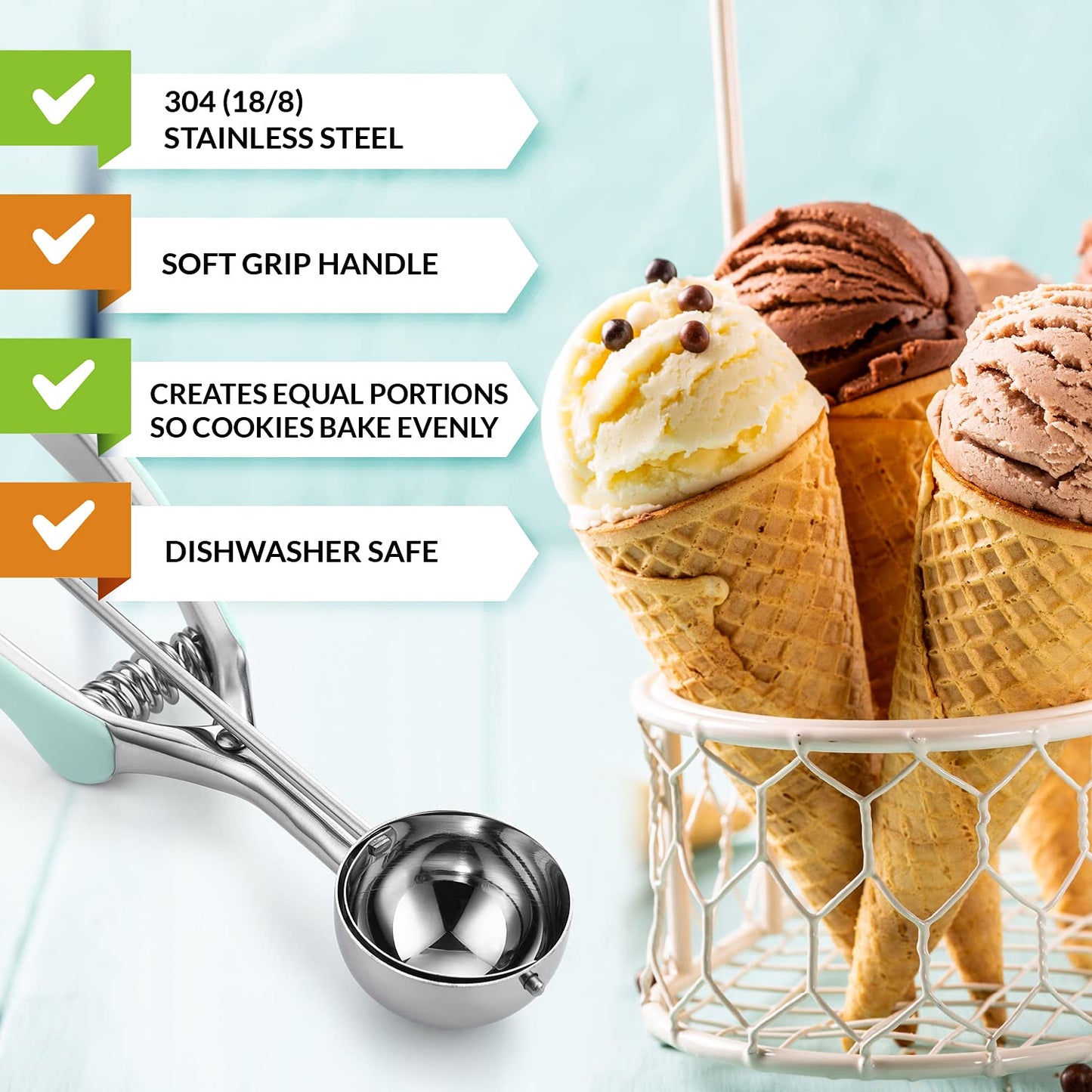 Spring Chef Large #20 Stainless Steel Cookie Scoop for Baking - Melon Baller - Multifunctional 2.93 Tbsp Cookie Scooper with Trigger Release for Ice Cream, Meatball, Cupcake, Muffin - Mint